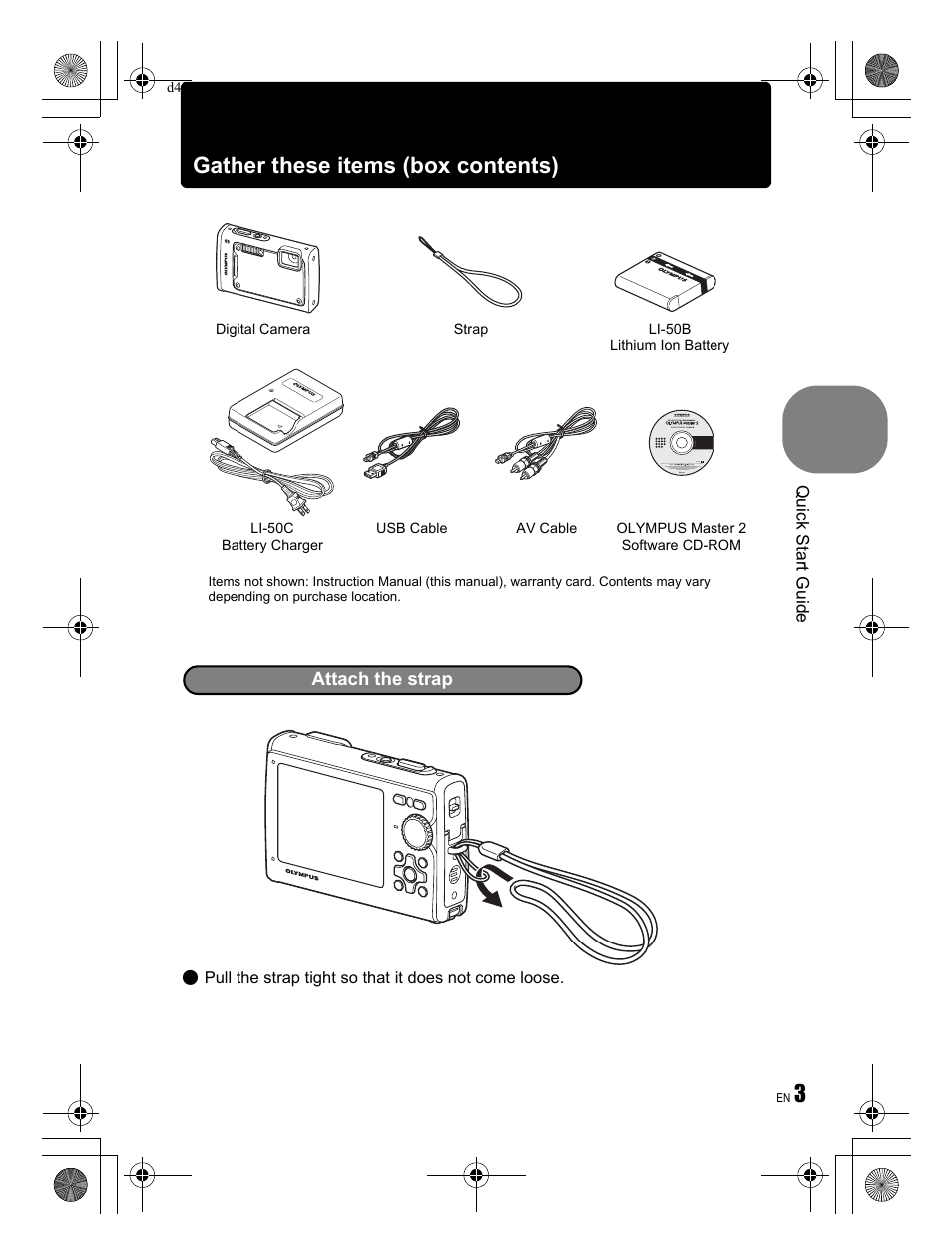 Gather these items (box contents) | Olympus 1030 SW User Manual | Page 3 / 84