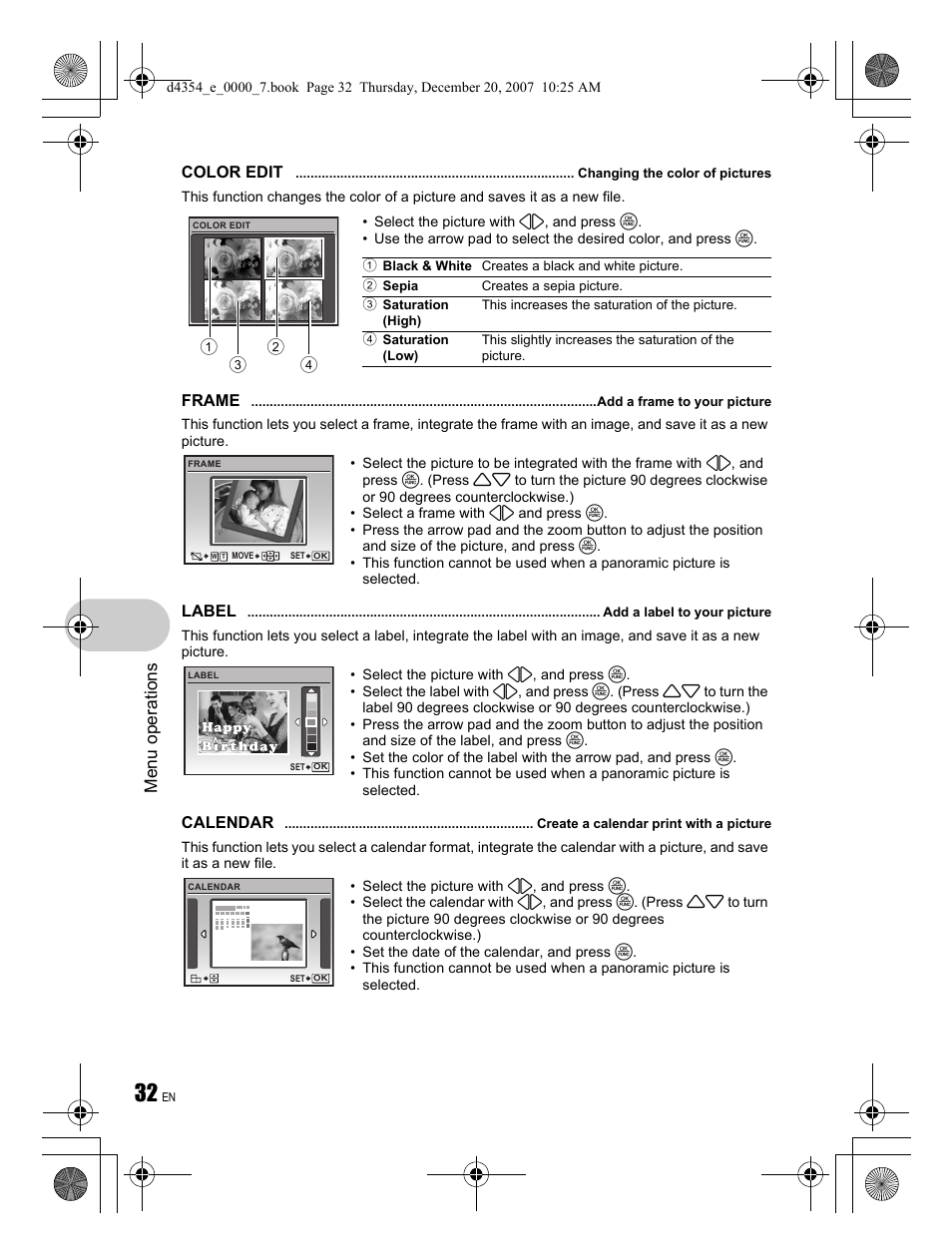 Menu ope rati ons | Olympus 1030 SW User Manual | Page 32 / 84