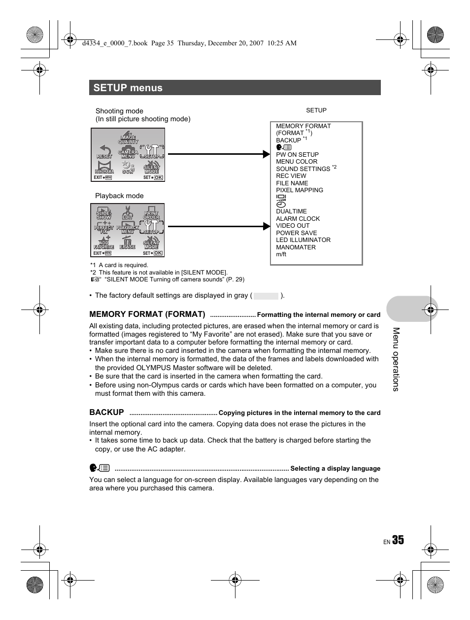 Setup menus, Me nu opera tions, Backup | Olympus 1030 SW User Manual | Page 35 / 84