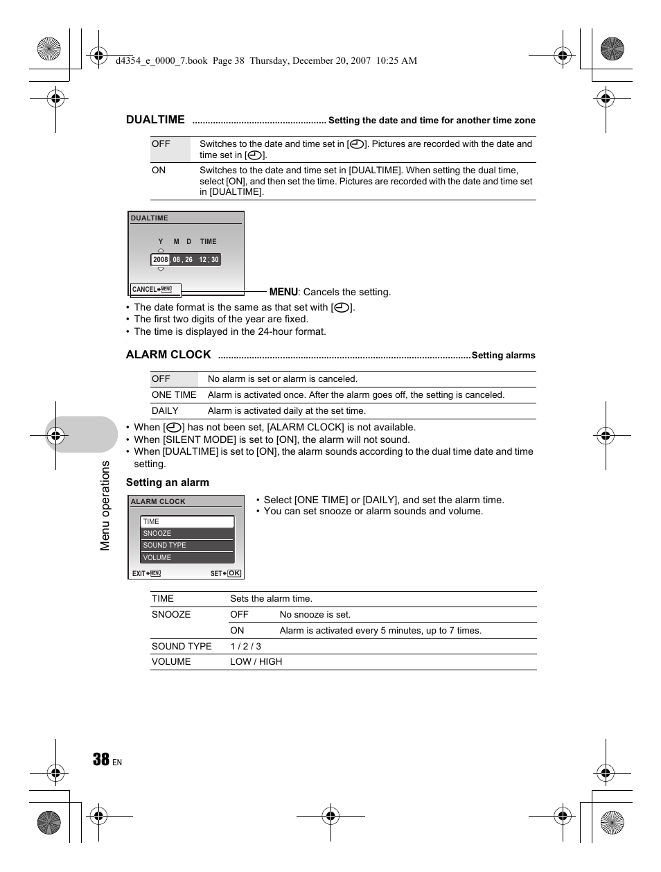 Menu ope rati ons, Dualtime, Alarm clock | Olympus 1030 SW User Manual | Page 38 / 84