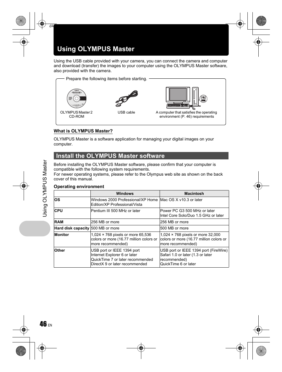 Using olympus master, Install the olympus master software | Olympus 1030 SW User Manual | Page 46 / 84