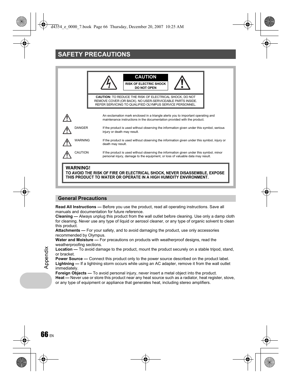 Safety precautions, App endi x | Olympus 1030 SW User Manual | Page 66 / 84
