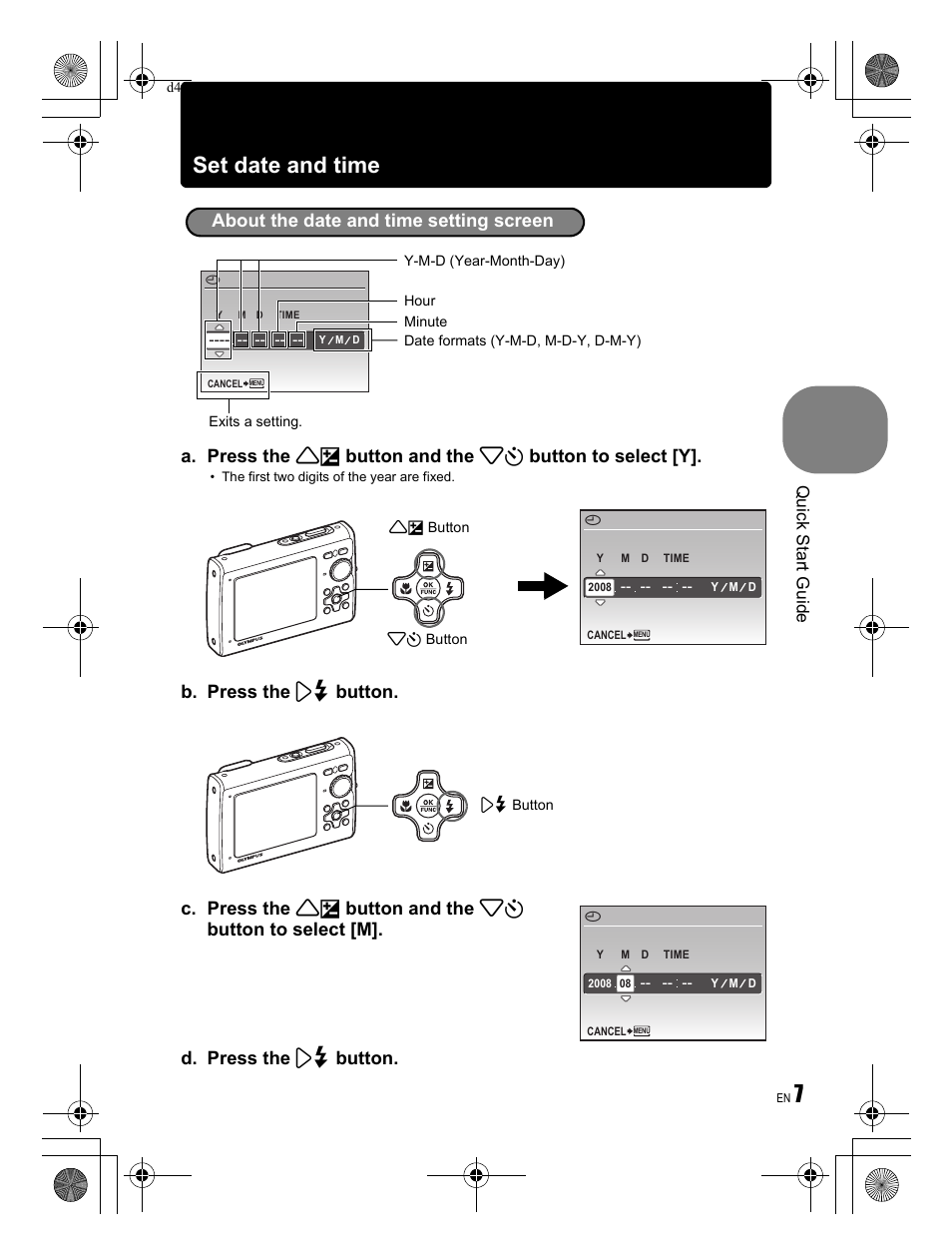 Set date and time, Quick start guide | Olympus 1030 SW User Manual | Page 7 / 84