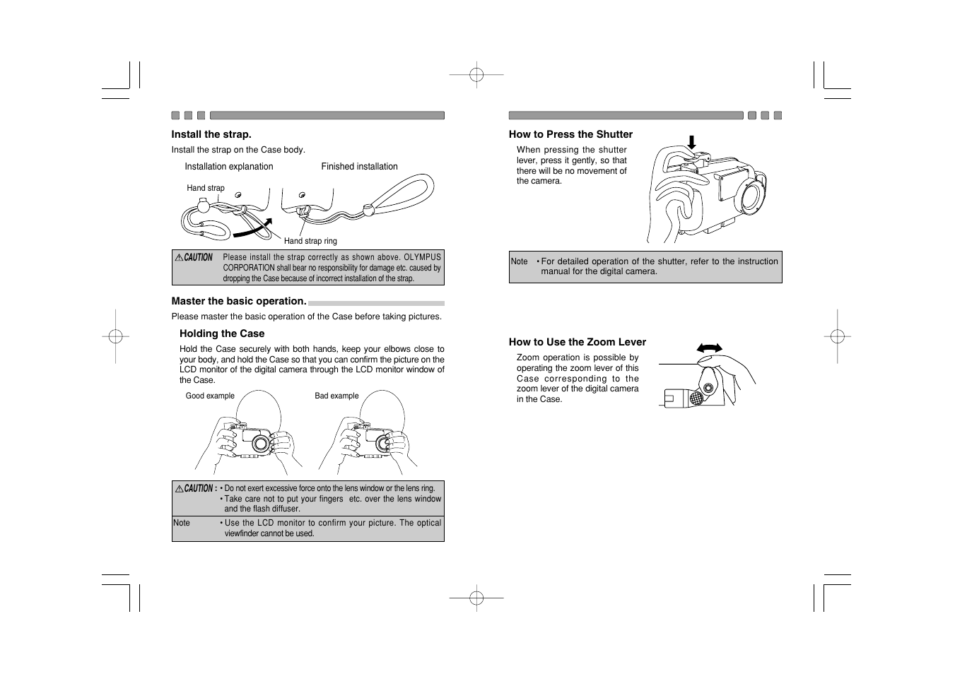 Install the strap, Master the basic operation, Holding the case | Olympus CAMEDIA X-350 PT-021 User Manual | Page 12 / 37