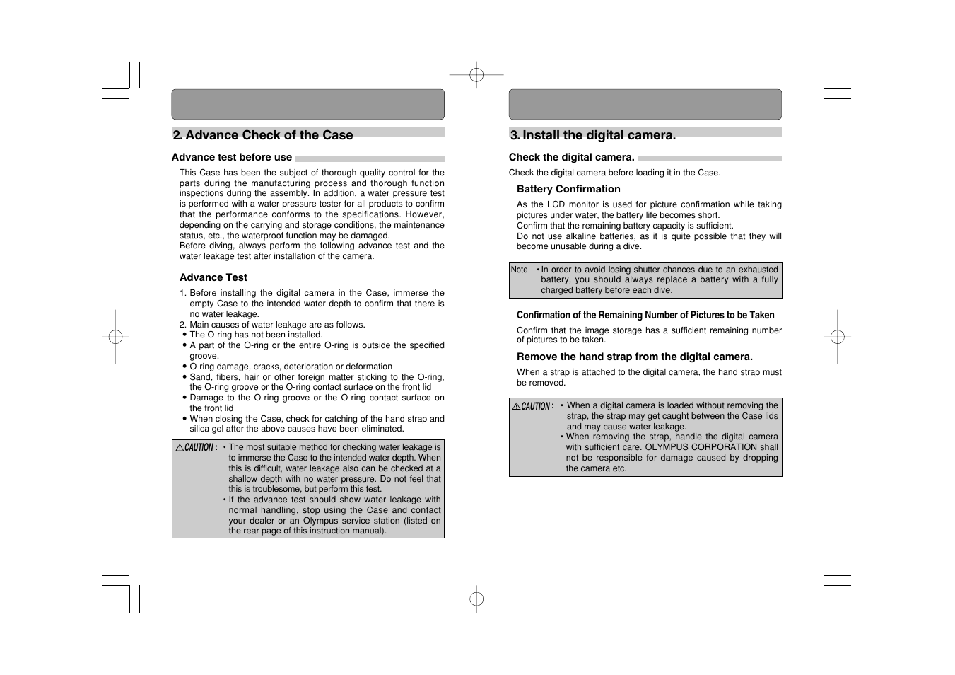 Advance check of the case, Advance test before use | Olympus CAMEDIA X-350 PT-021 User Manual | Page 14 / 37