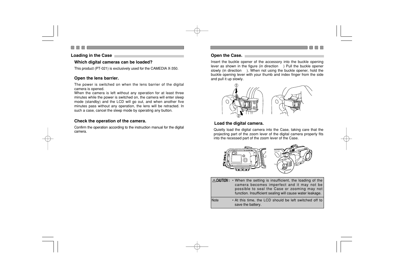 Loading in the case, Which digital cameras can be loaded, Open the lens barrier | Check the operation of the camera | Olympus CAMEDIA X-350 PT-021 User Manual | Page 16 / 37