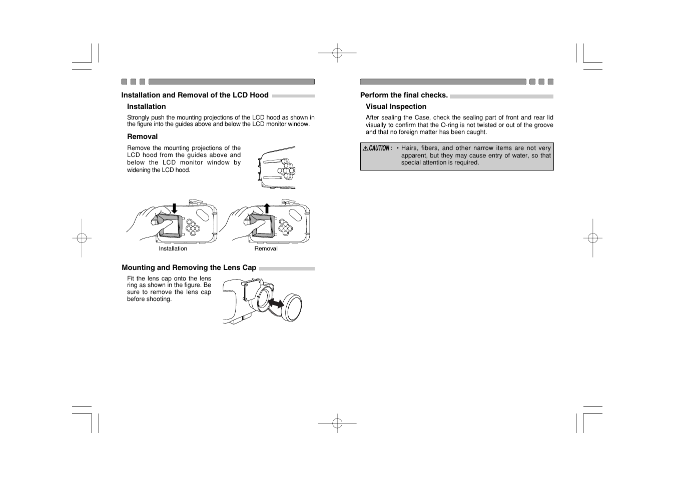 Installation and removal of the lcd hood, Mounting and removing the lens cap | Olympus CAMEDIA X-350 PT-021 User Manual | Page 20 / 37