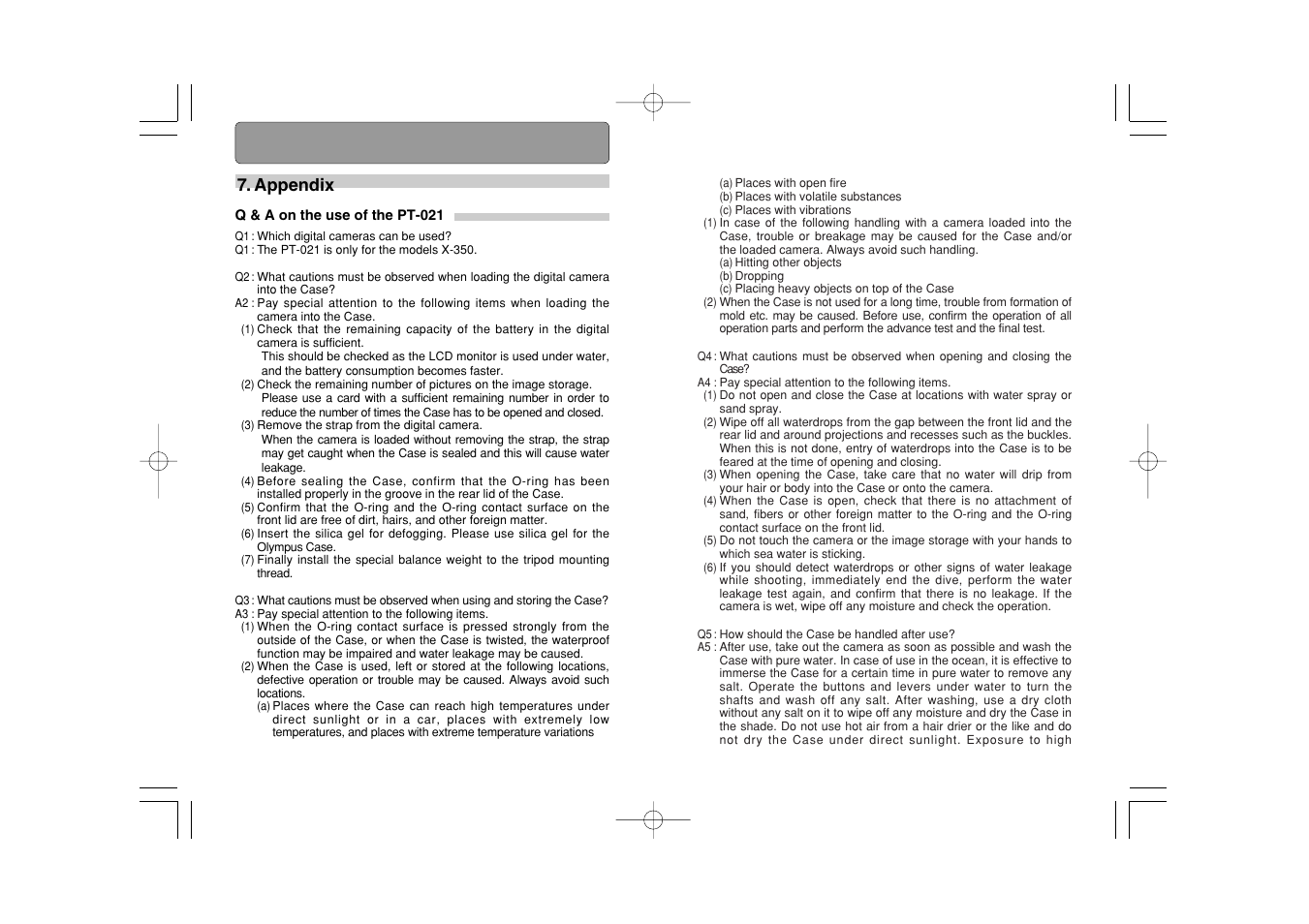 Appendix, Q & a on the use of the pt-021 | Olympus CAMEDIA X-350 PT-021 User Manual | Page 30 / 37