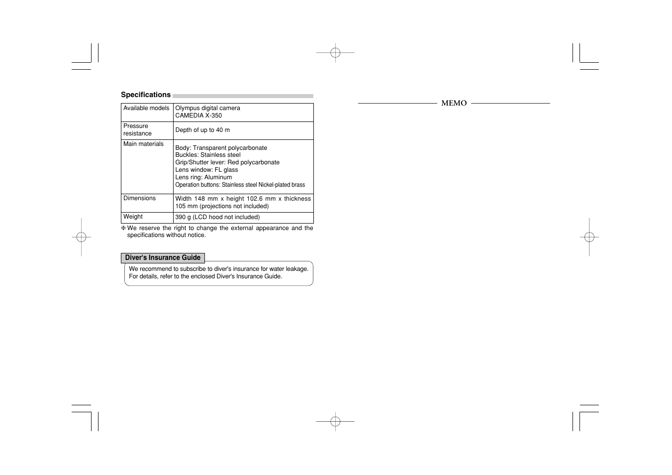 Specifications, Diver's insurance guide | Olympus CAMEDIA X-350 PT-021 User Manual | Page 36 / 37