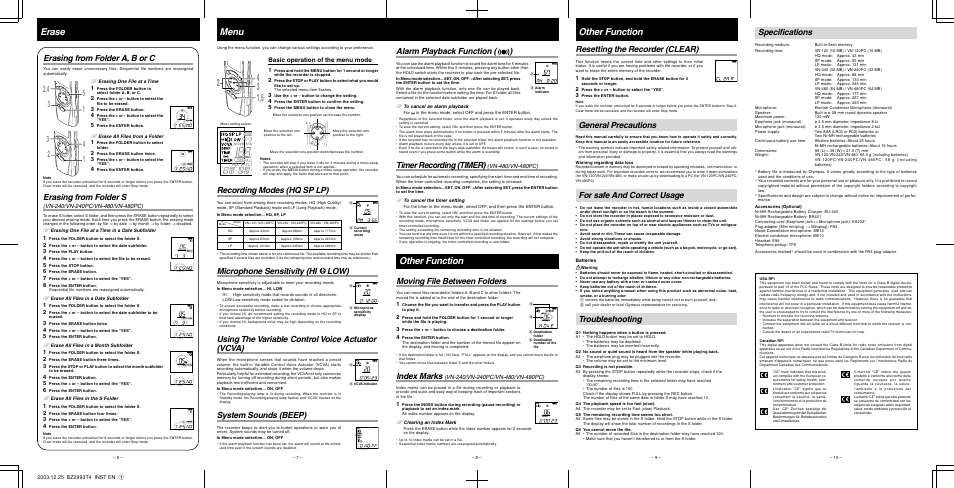 Other function, Erase menu other function, Erasing from folder s | General precautions, For safe and correct usage, Troubleshooting, Recording modes (hq sp lp), Microphone sensitivity (hi low), Using the variable control voice actuator (vcva), System sounds (beep) | Olympus VN-240 User Manual | Page 2 / 2