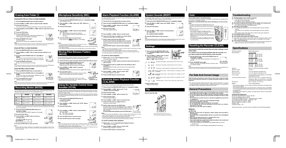 Troubleshooting, Specifications, For safe and correct usage | General precautions, Moving files between folders (move), Microphone sensitivity (mic), Recording modes (mode), Erasing from folder s, Resetting the recorder (clear), Hold | Olympus VN-900 EN User Manual | Page 2 / 2