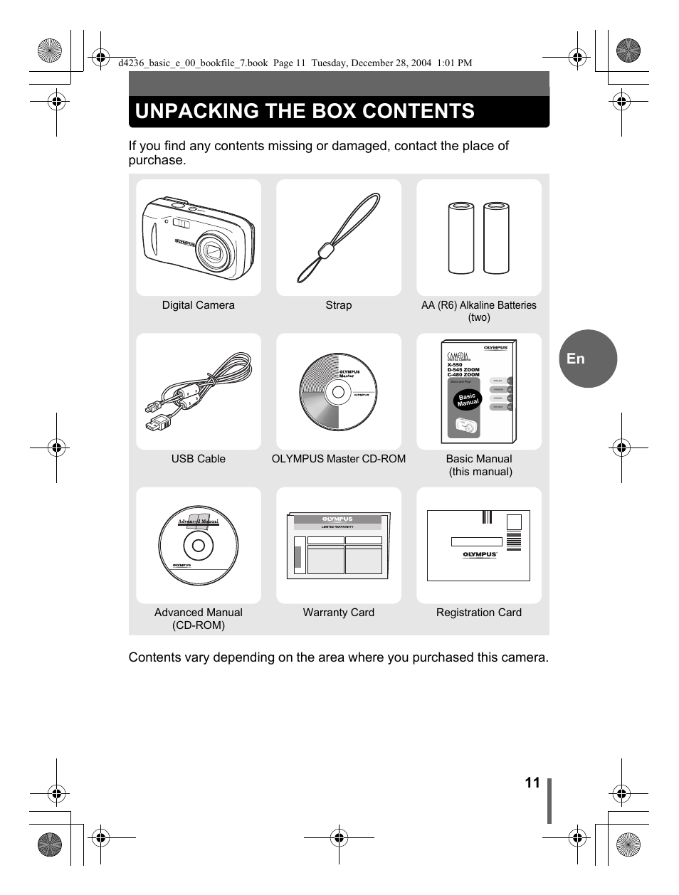 Unpacking the box contents | Olympus C-480 User Manual | Page 11 / 100
