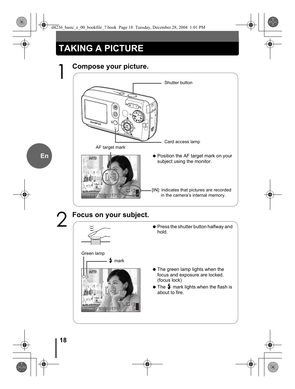 Taking a picture, Compose your picture, Focus on your subject | Olympus C-480 User Manual | Page 18 / 100