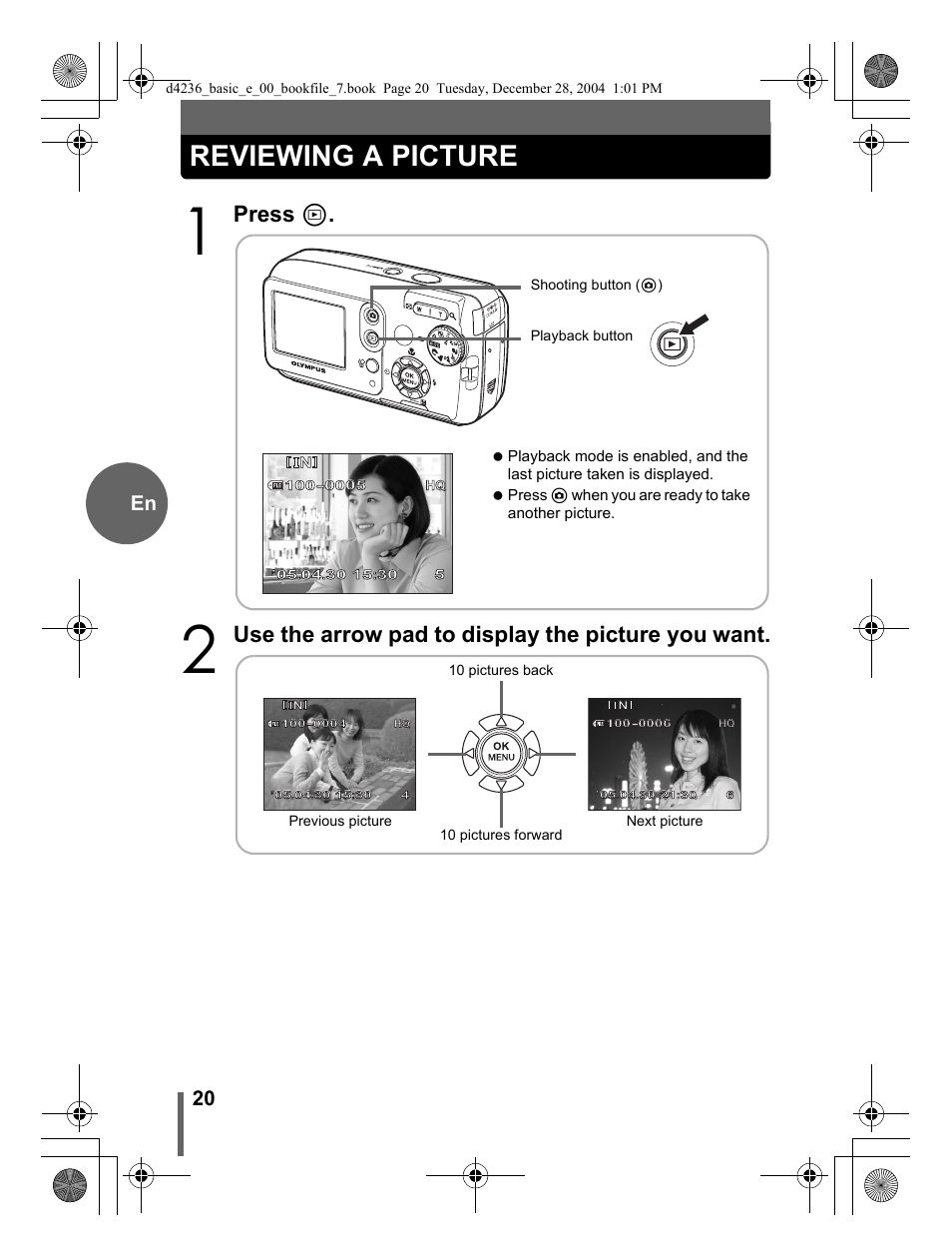 Reviewing a picture, Press, Use the arrow pad to display the picture you want | 20 en | Olympus C-480 User Manual | Page 20 / 100