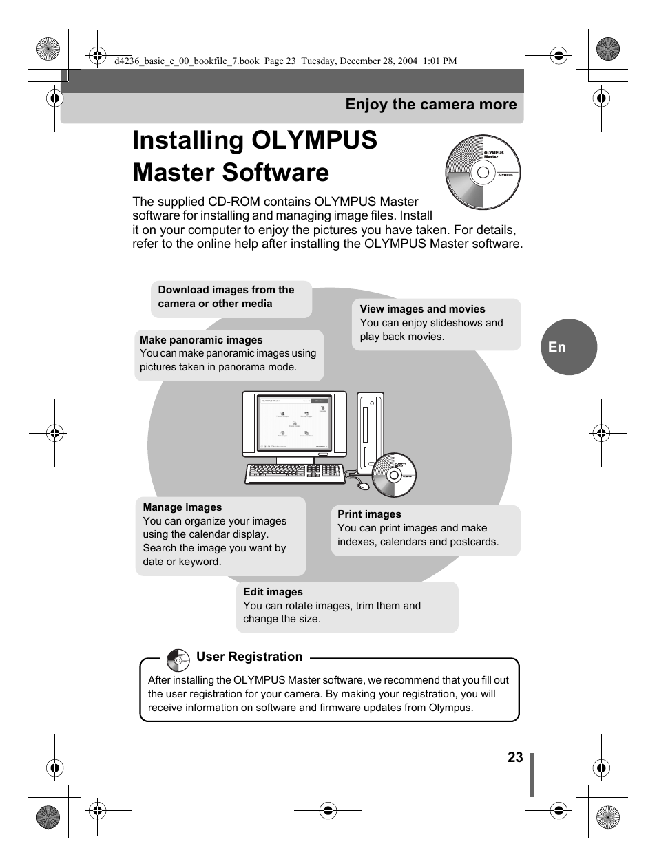 Installing olympus master software, Enjoy the camera more | Olympus C-480 User Manual | Page 23 / 100