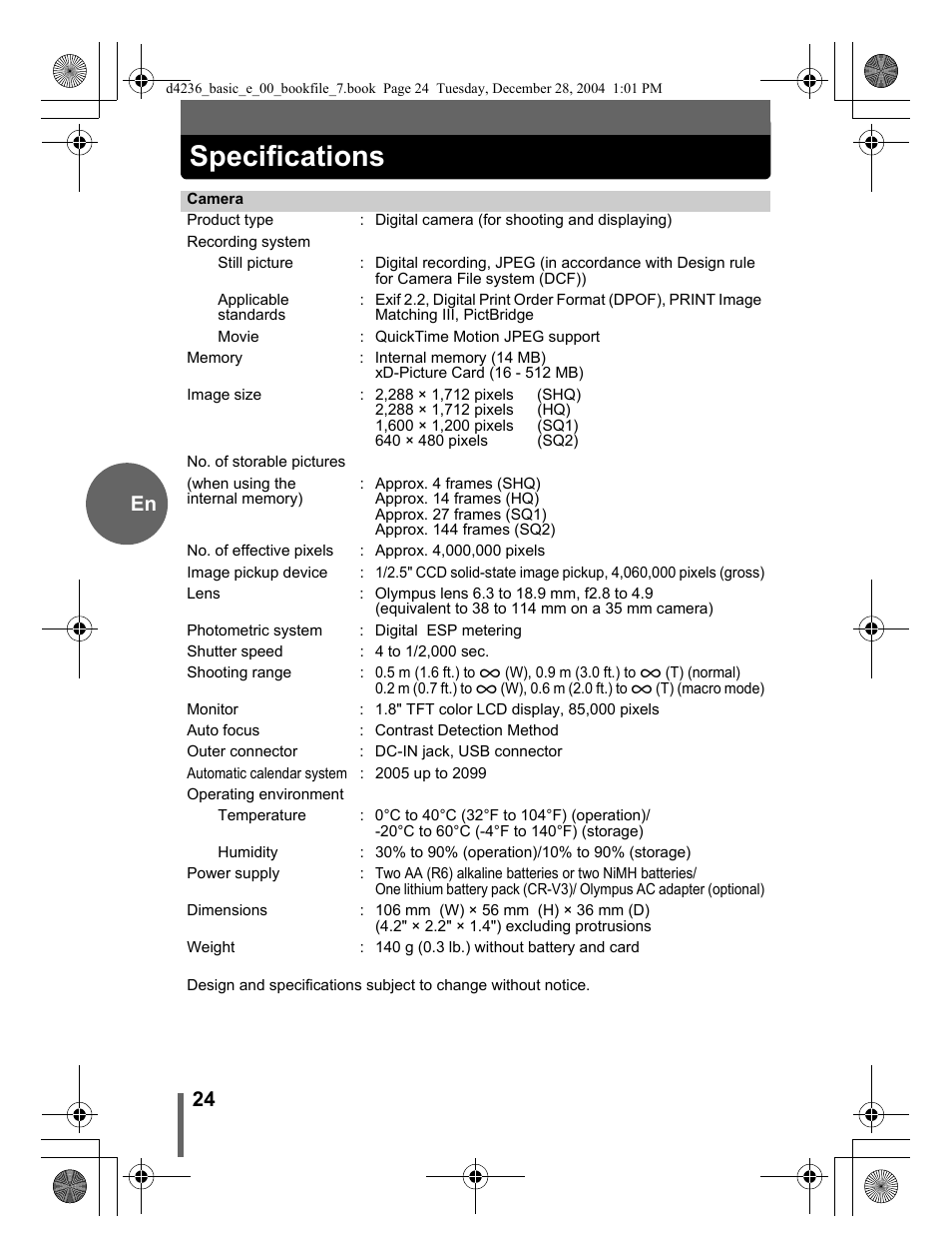 Specifications, 24 en | Olympus C-480 User Manual | Page 24 / 100