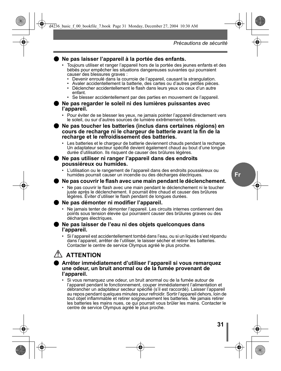 31 fr, Attention | Olympus C-480 User Manual | Page 31 / 100