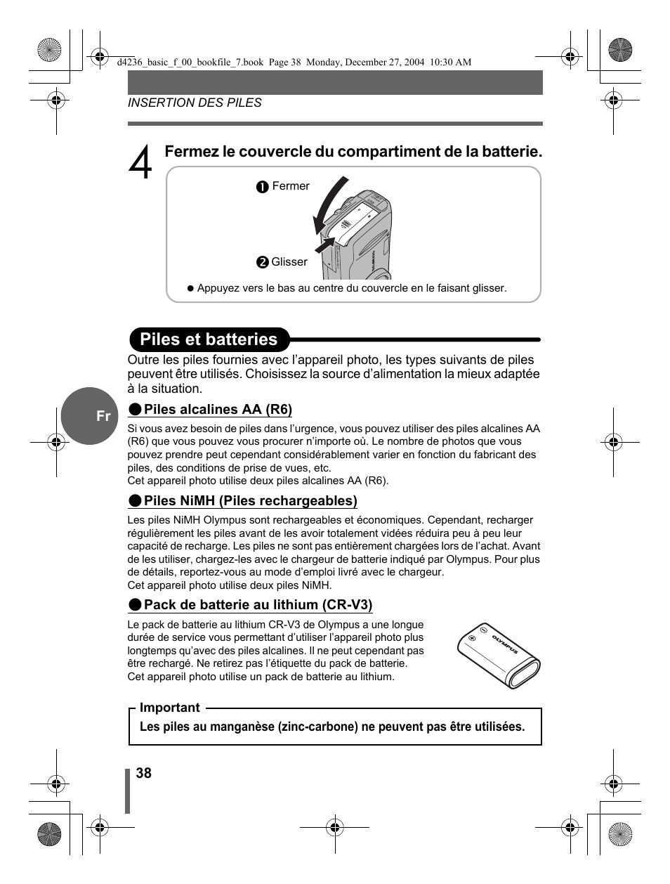 Opiles et batteries | Olympus C-480 User Manual | Page 38 / 100