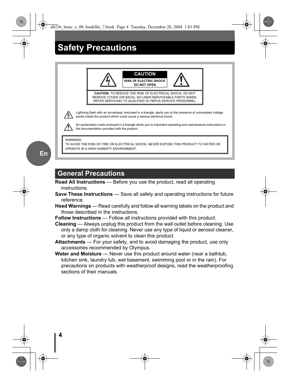 Safety precautions, General precautions | Olympus C-480 User Manual | Page 4 / 100