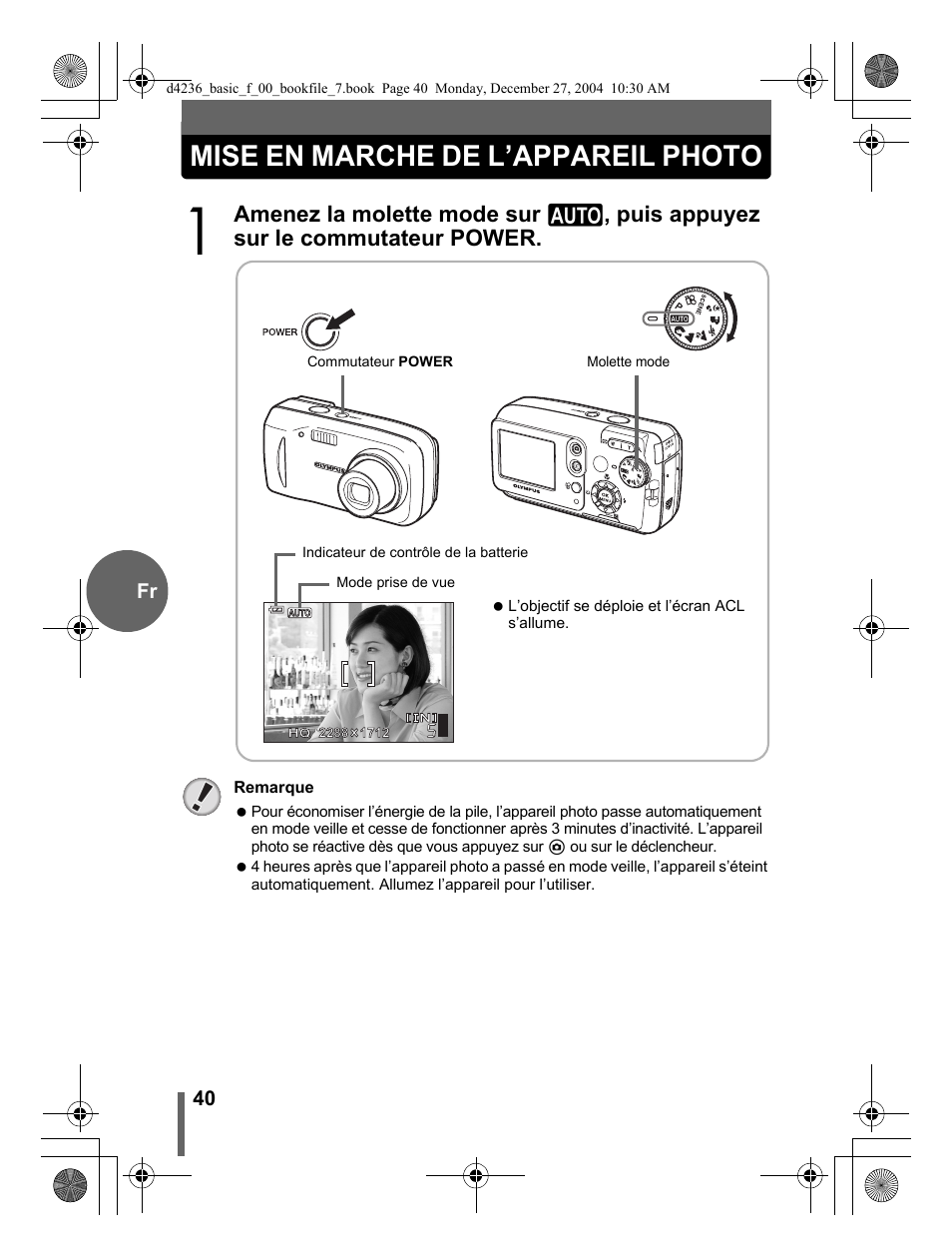 Mise en marche de l’appareil photo | Olympus C-480 User Manual | Page 40 / 100