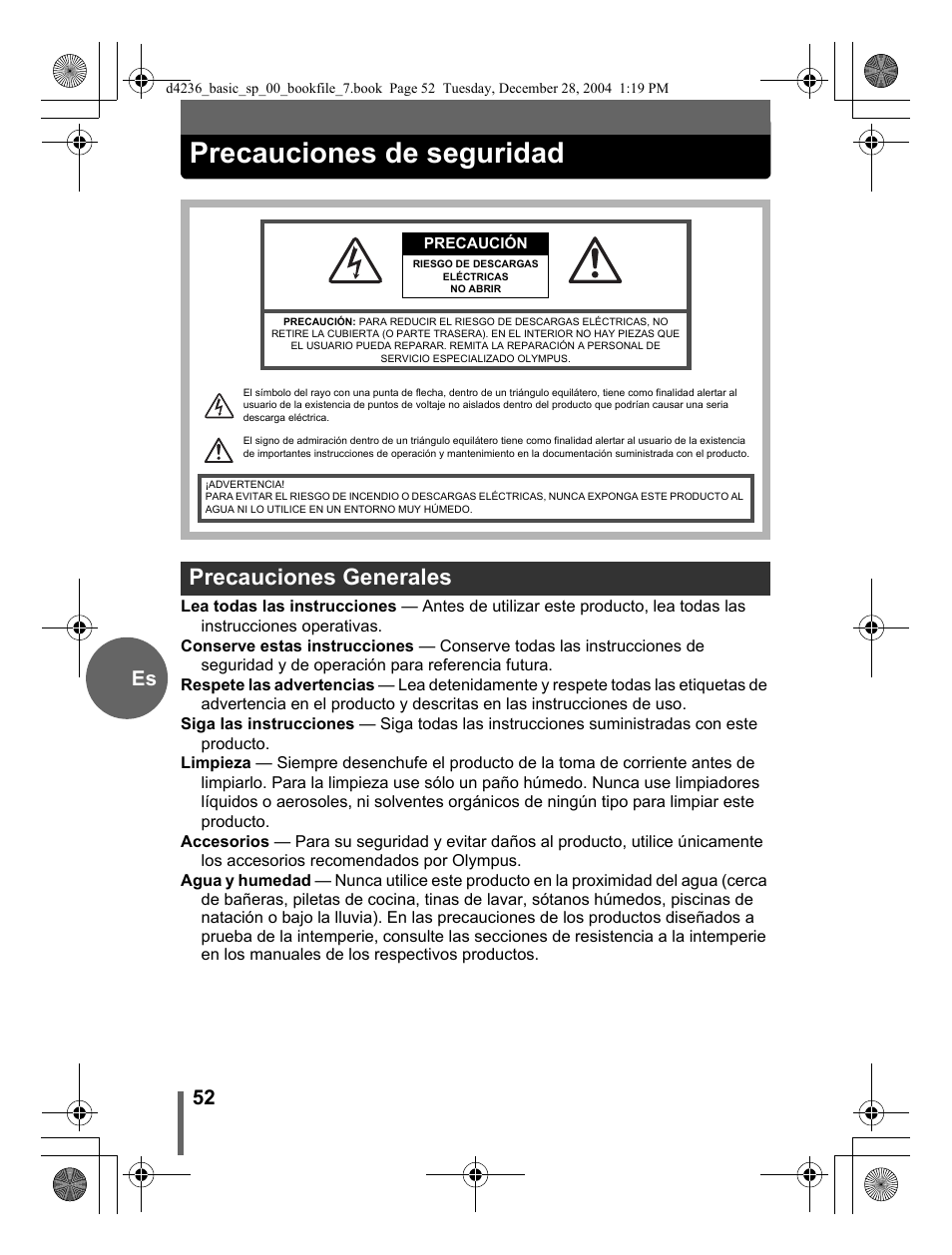 Precauciones de seguridad, Precauciones generales, 52 es | Olympus C-480 User Manual | Page 52 / 100