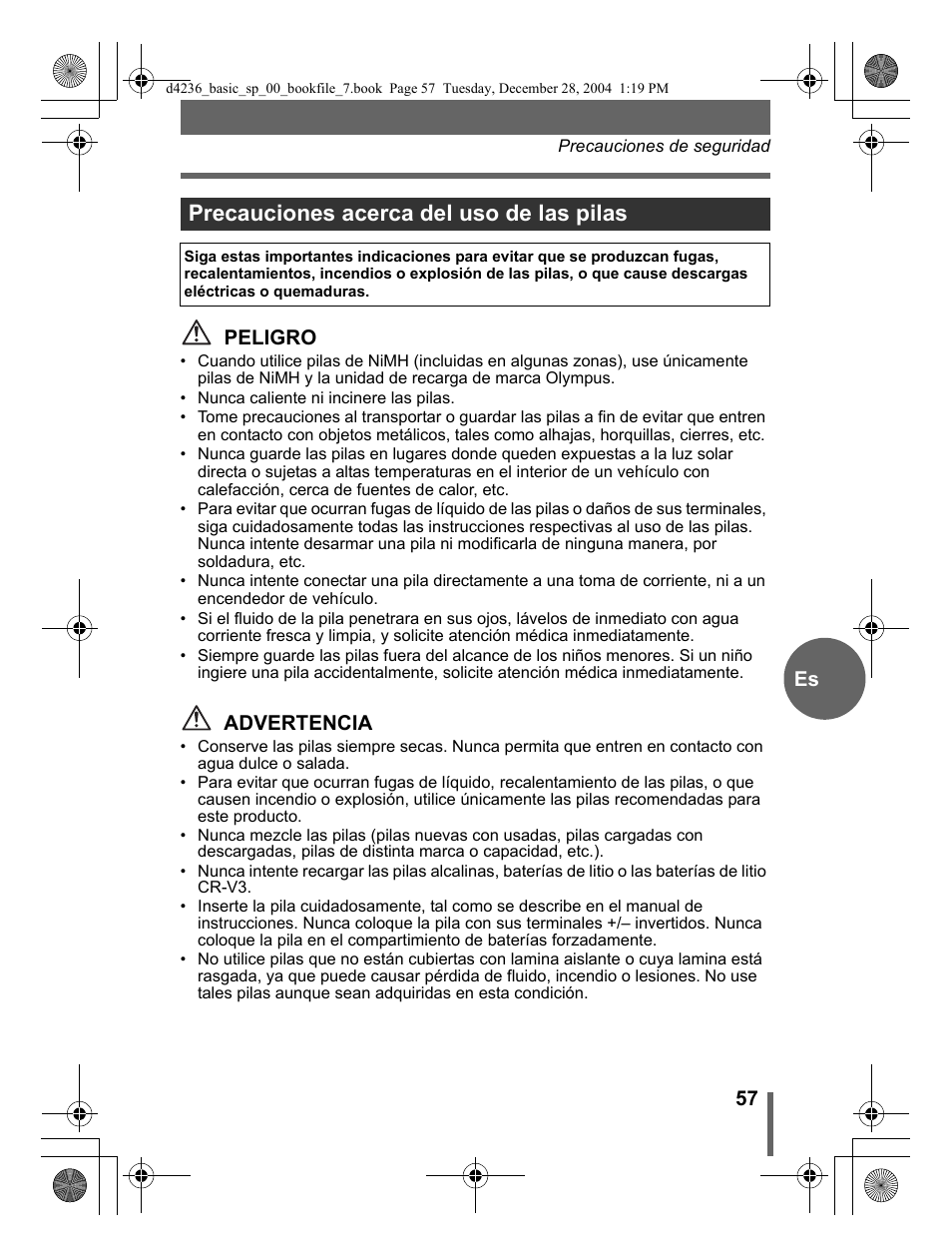 Precauciones acerca del uso de las pilas, 57 es peligro, Advertencia | Olympus C-480 User Manual | Page 57 / 100