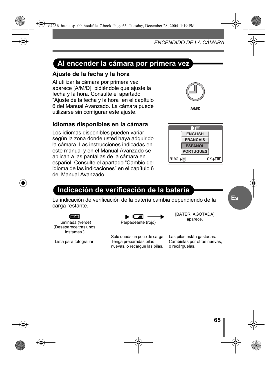 Al encender la cámara por primera vez, Indicación de verificación de la batería, 65 es ajuste de la fecha y la hora | Idiomas disponibles en la cámara | Olympus C-480 User Manual | Page 65 / 100