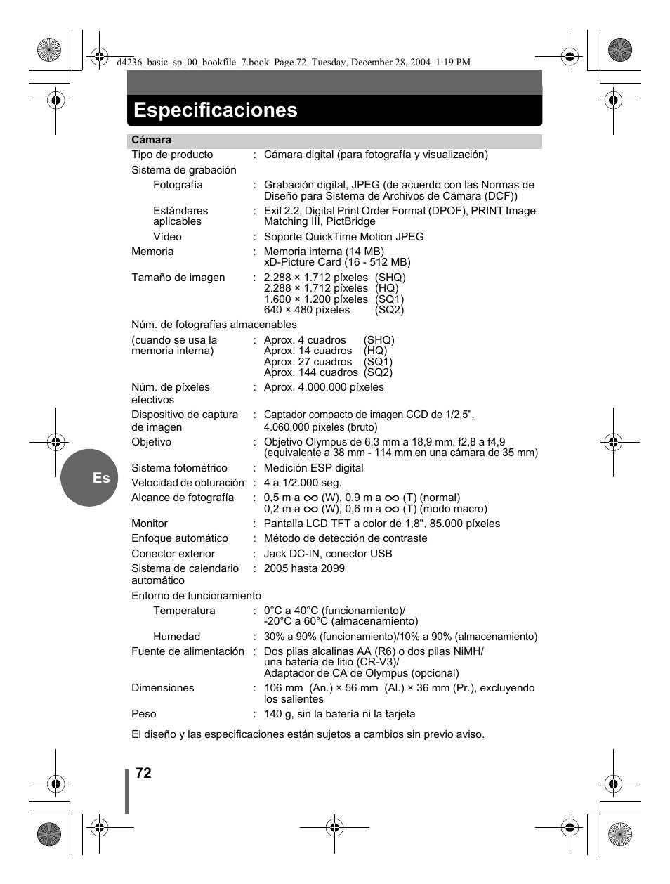 Especificaciones, 72 es | Olympus C-480 User Manual | Page 72 / 100