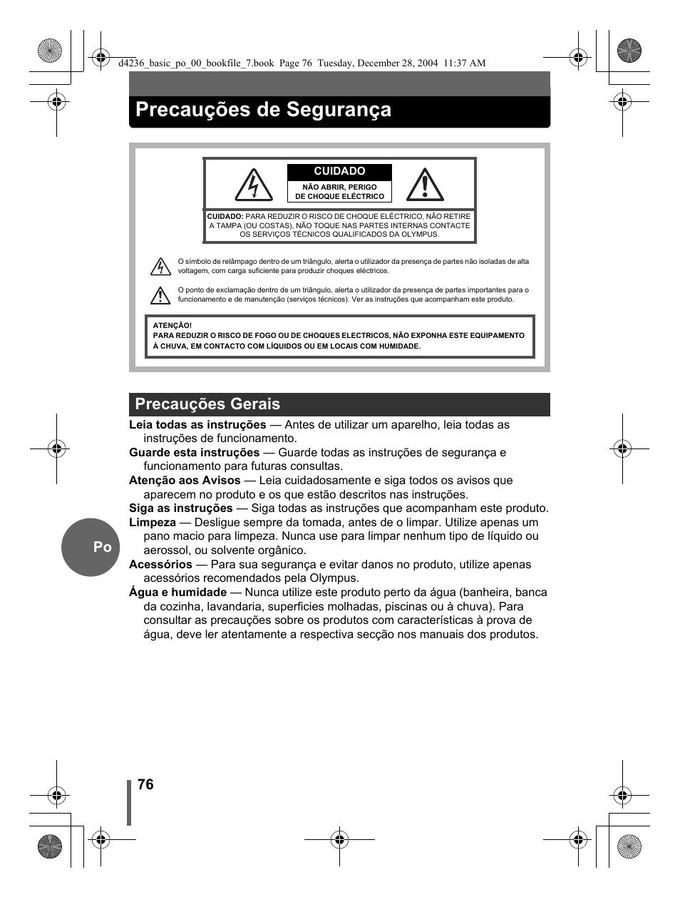 Precauções de segurança, Precauções gerais, 76 po | Olympus C-480 User Manual | Page 76 / 100