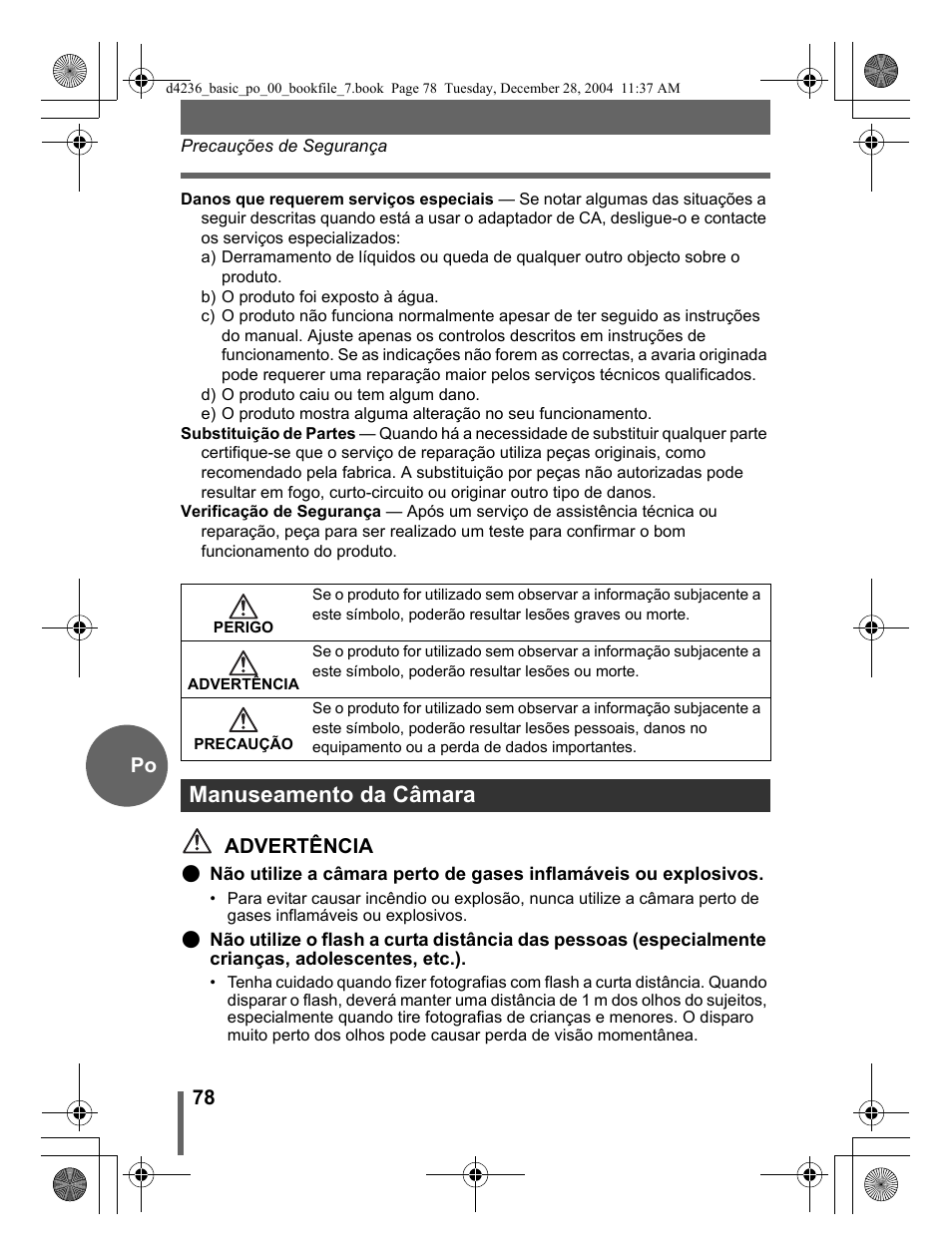Manuseamento da câmara, 78 po, Advertência | Olympus C-480 User Manual | Page 78 / 100
