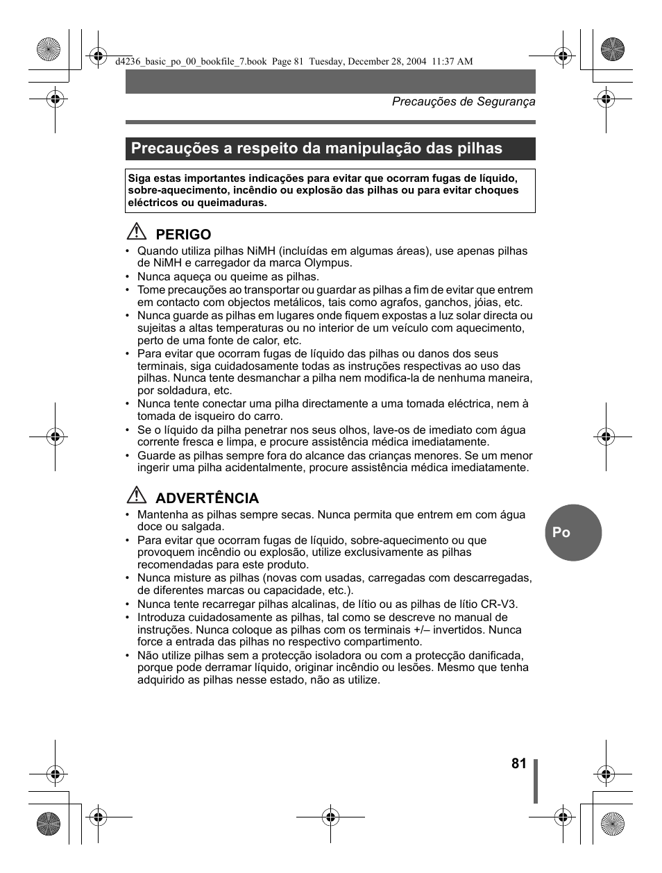 Precauções a respeito da manipulação das pilhas, 81 po perigo, Advertência | Olympus C-480 User Manual | Page 81 / 100