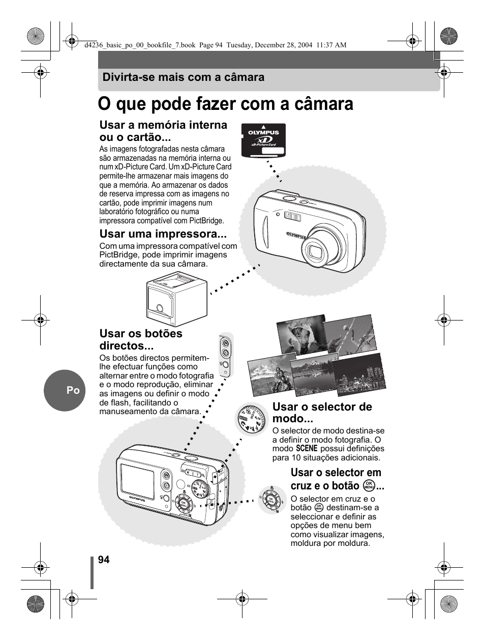 O que pode fazer com a câmara, Divirta-se mais com a câmara, Usar a memória interna ou o cartão | Usar uma impressora, Usar os botões directos, Usar o selector de modo, Usar o selector em cruz e o botão z | Olympus C-480 User Manual | Page 94 / 100