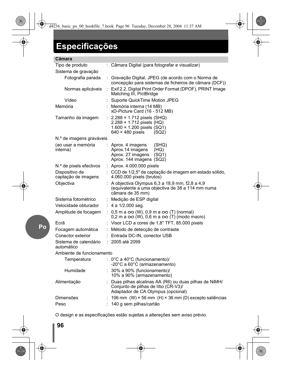 Especificações, 96 po | Olympus C-480 User Manual | Page 96 / 100