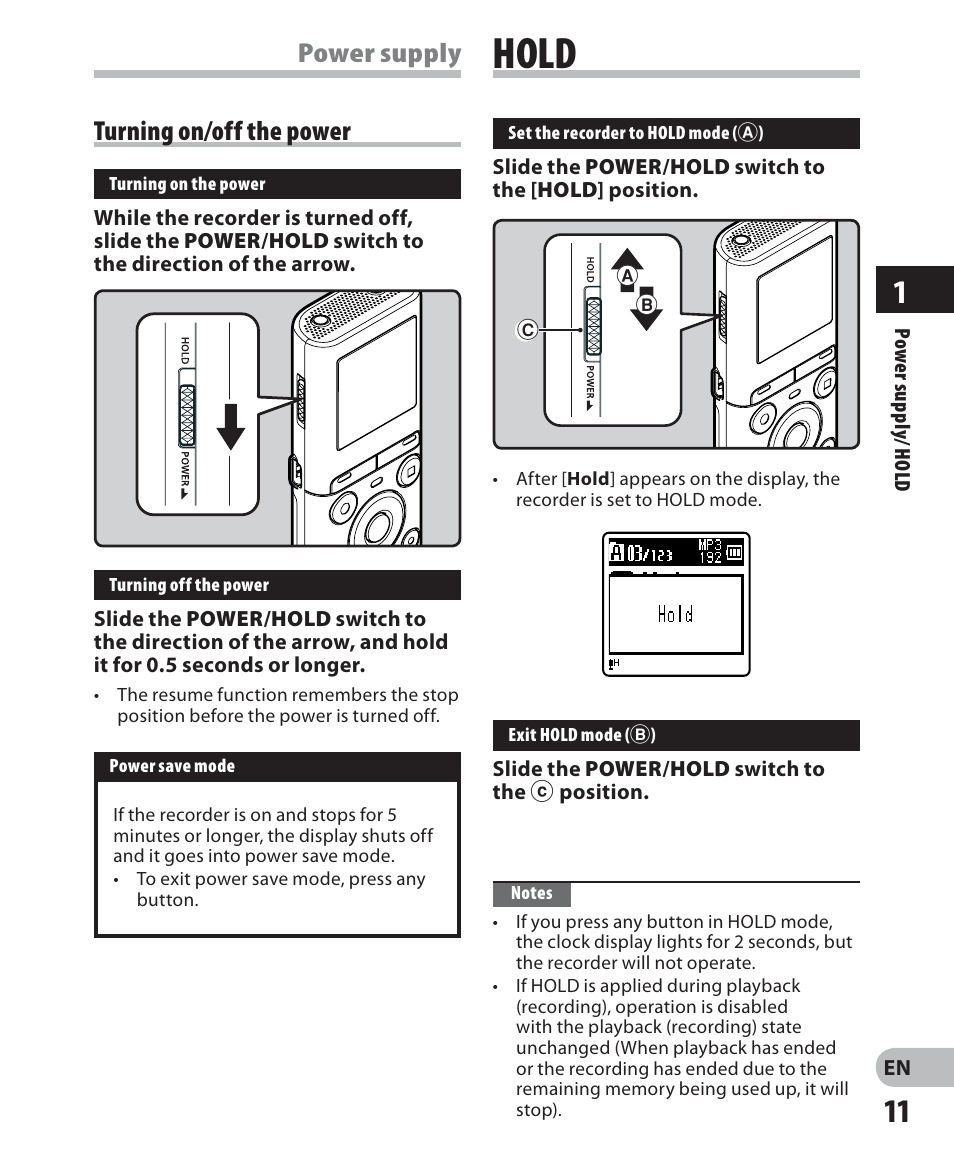 Hold, Power supply turning on/off the power | Olympus VN-702PC User Manual | Page 11 / 45