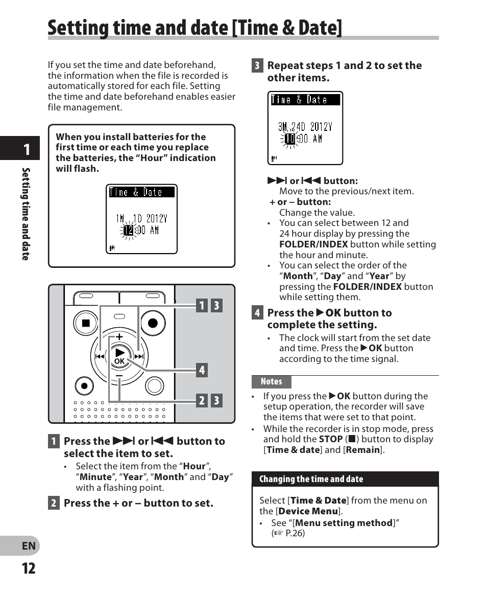 Setting time and date [ time & date | Olympus VN-702PC User Manual | Page 12 / 45