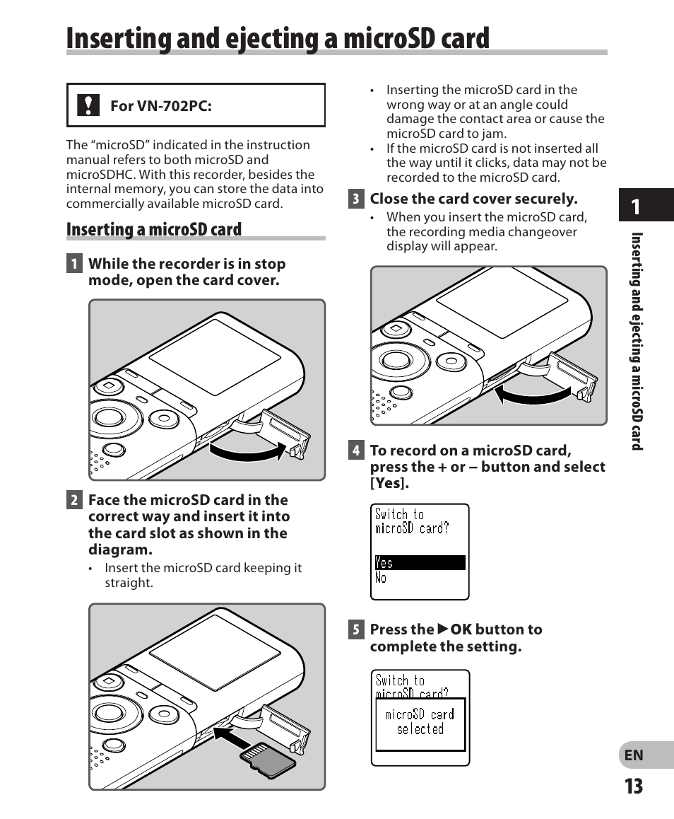 Inserting and ejecting a microsd card, Inserting a microsd card | Olympus VN-702PC User Manual | Page 13 / 45