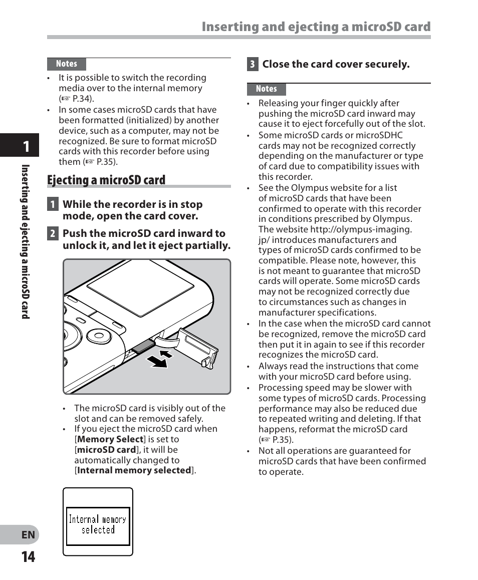 Inserting and ejecting a microsd card, Ejecting a microsd card | Olympus VN-702PC User Manual | Page 14 / 45