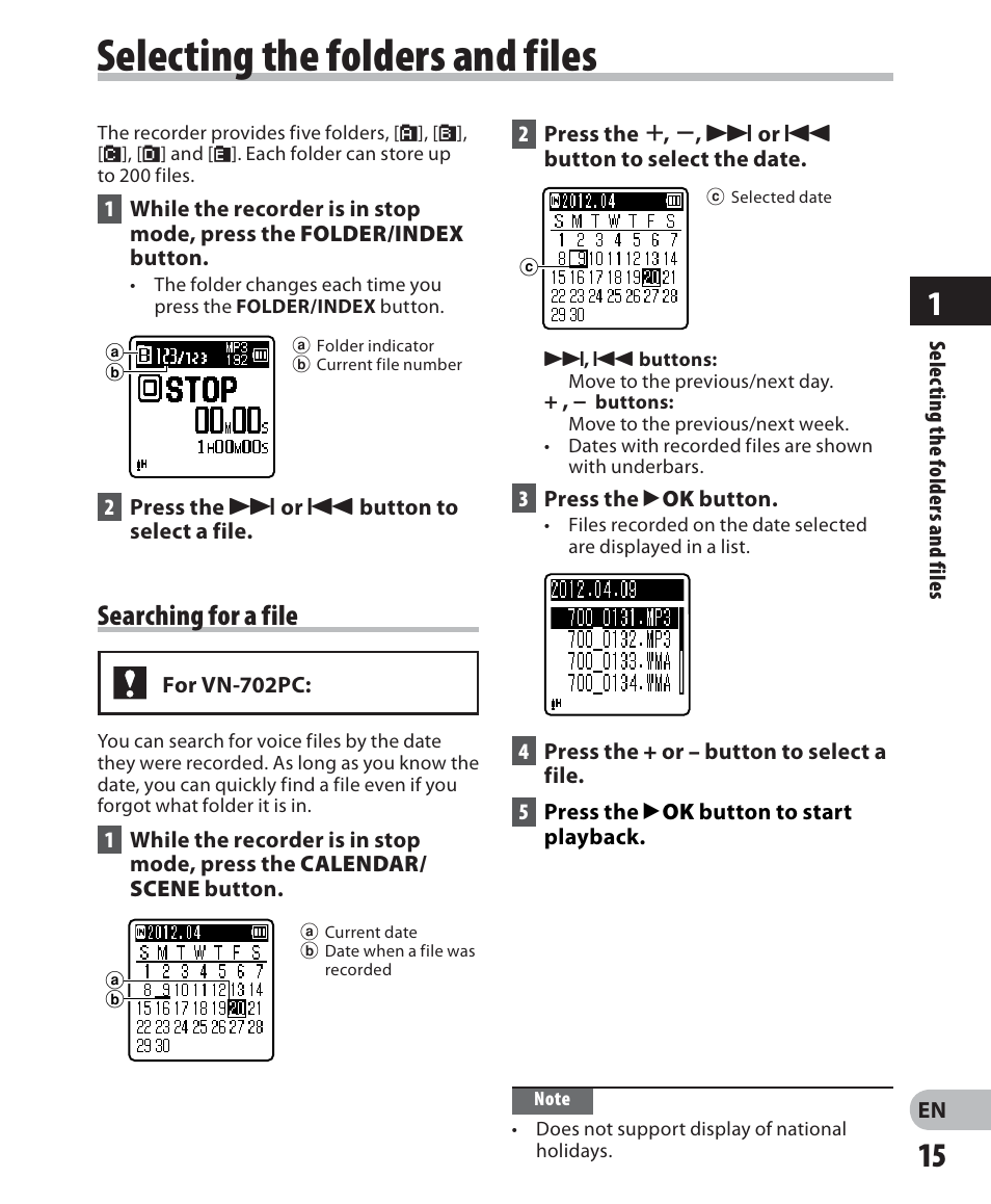 Selecting the folders and files, Searching for a file | Olympus VN-702PC User Manual | Page 15 / 45