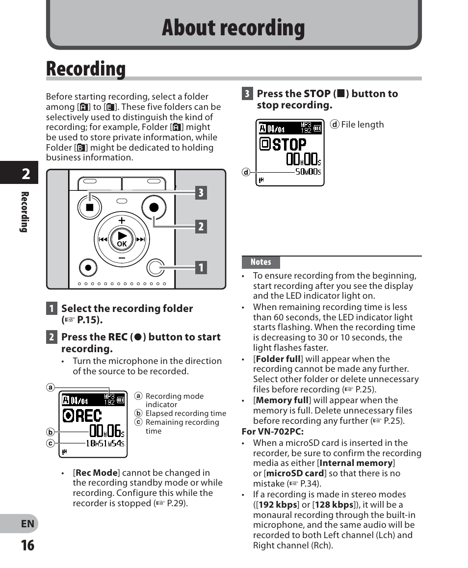 About recording, Recording | Olympus VN-702PC User Manual | Page 16 / 45