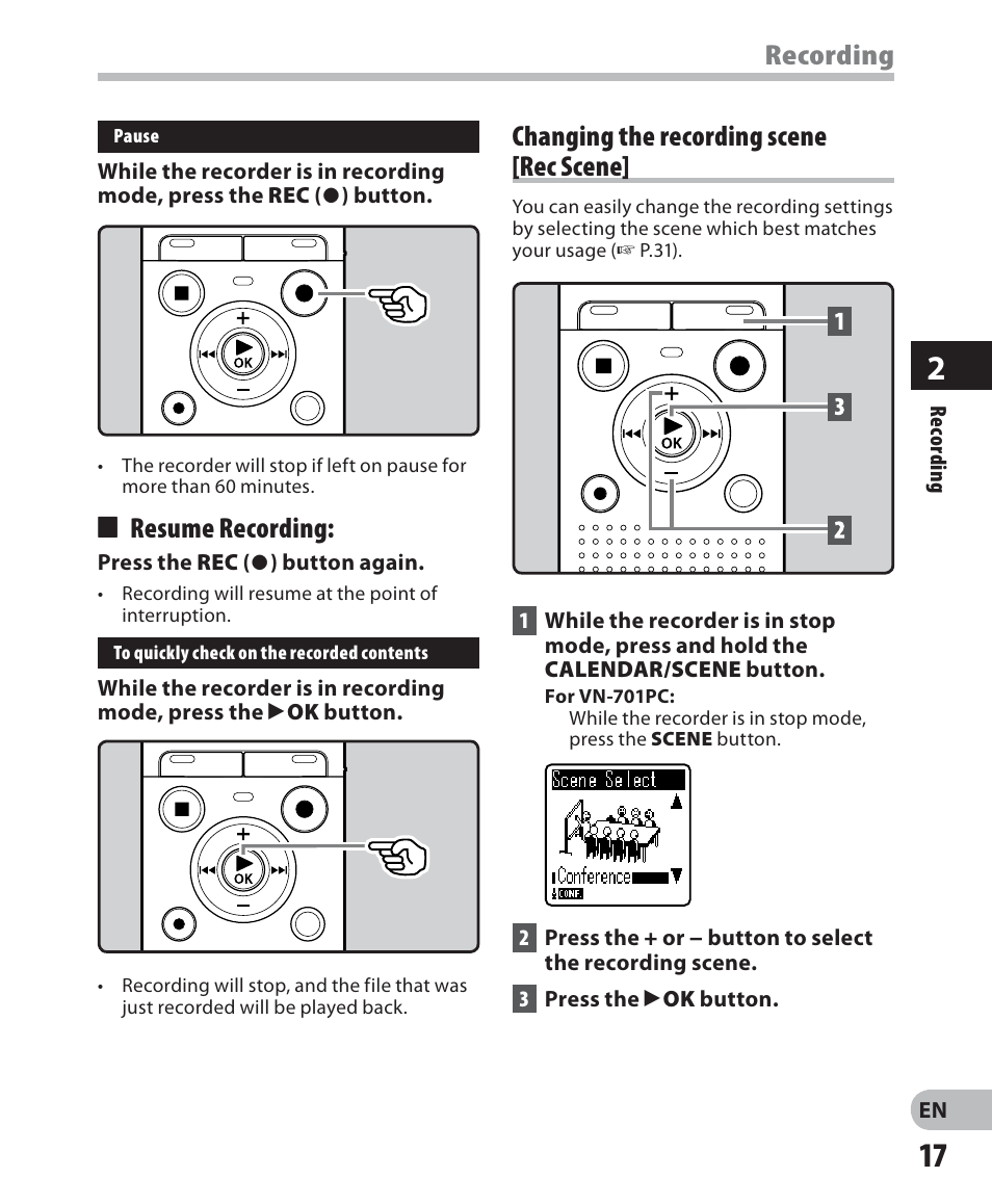 Recording, 4 resume recording, Changing the recording scene [ rec scene | Olympus VN-702PC User Manual | Page 17 / 45