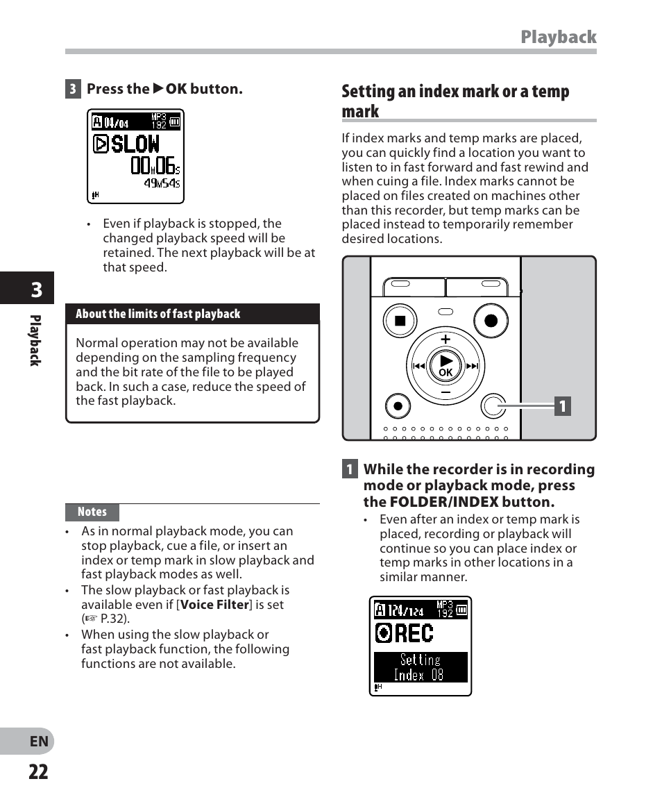 Playback, Setting an index mark or a temp mark | Olympus VN-702PC User Manual | Page 22 / 45