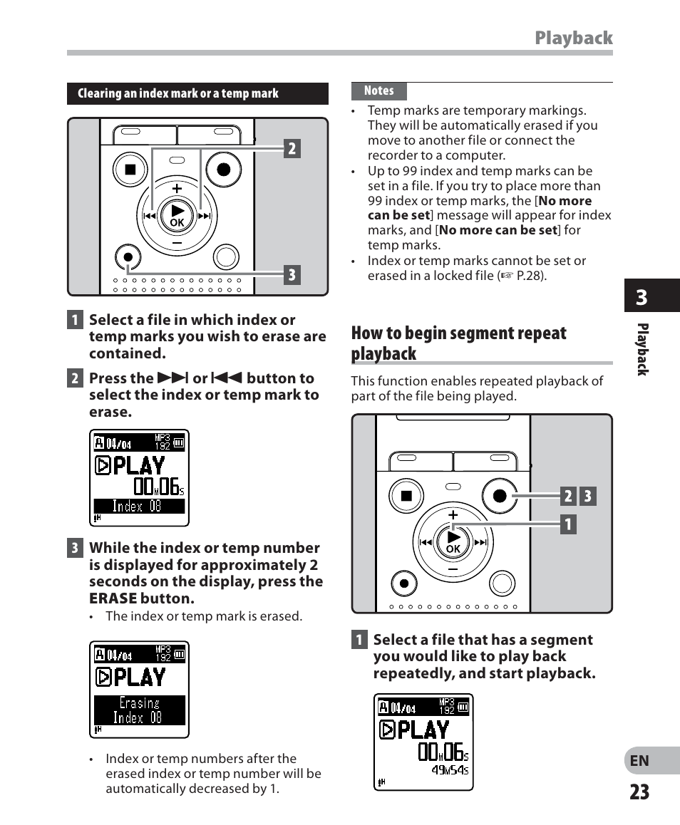 Playback, How to begin segment repeat playback | Olympus VN-702PC User Manual | Page 23 / 45