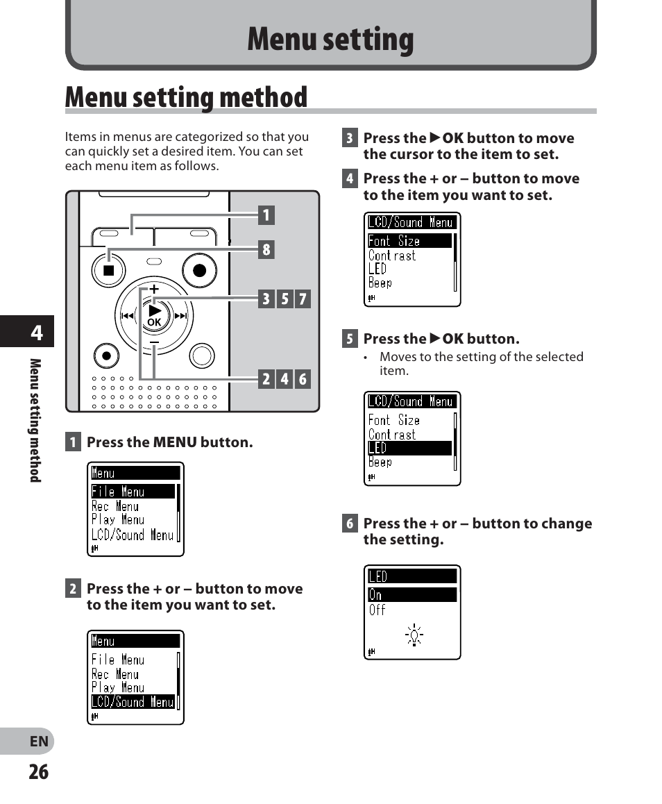 Menu setting, Menu setting method | Olympus VN-702PC User Manual | Page 26 / 45