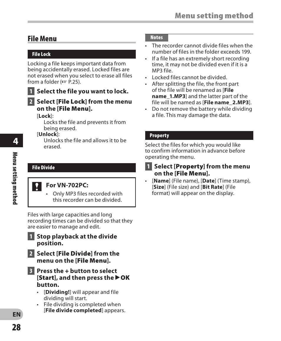 Menu setting method, File menu | Olympus VN-702PC User Manual | Page 28 / 45