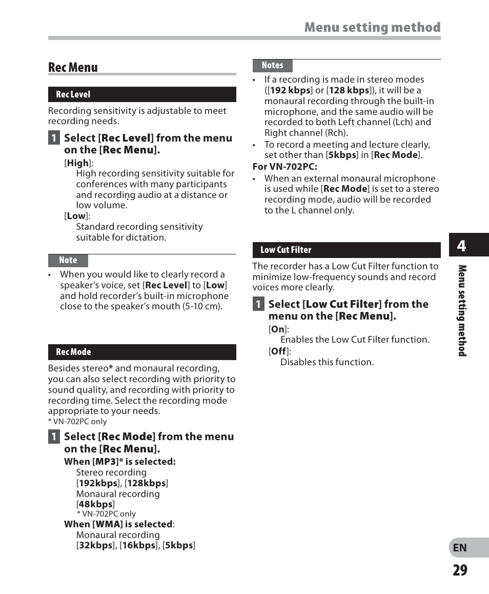 Menu setting method, Rec menu | Olympus VN-702PC User Manual | Page 29 / 45