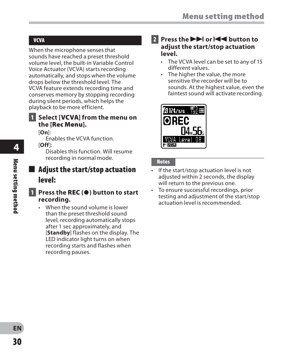 Menu setting method, 4 adjust the start/stop actuation level | Olympus VN-702PC User Manual | Page 30 / 45