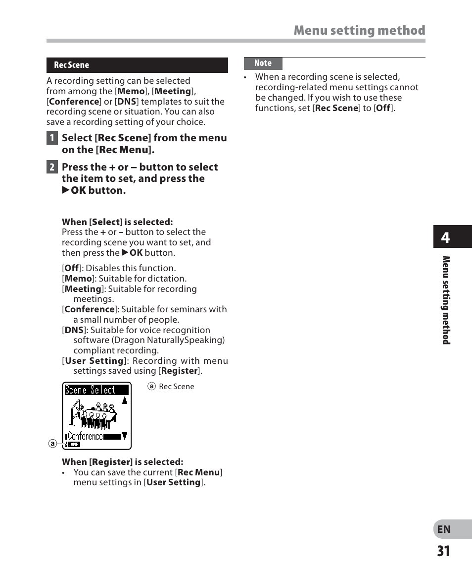 Menu setting method | Olympus VN-702PC User Manual | Page 31 / 45