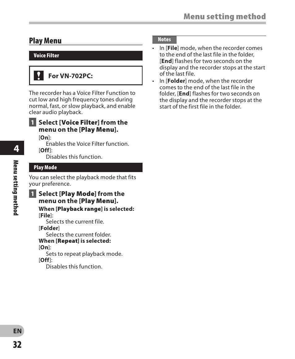 Menu setting method, Play menu | Olympus VN-702PC User Manual | Page 32 / 45