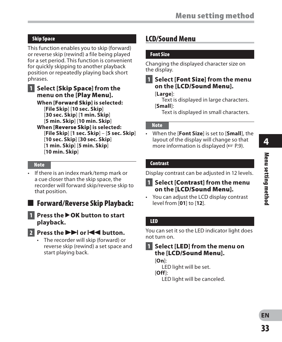 Menu setting method lcd/sound menu, 4 forward/reverse skip playback | Olympus VN-702PC User Manual | Page 33 / 45