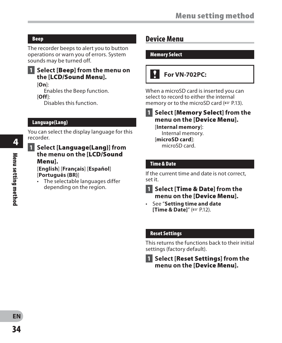 Menu setting method, Device menu | Olympus VN-702PC User Manual | Page 34 / 45